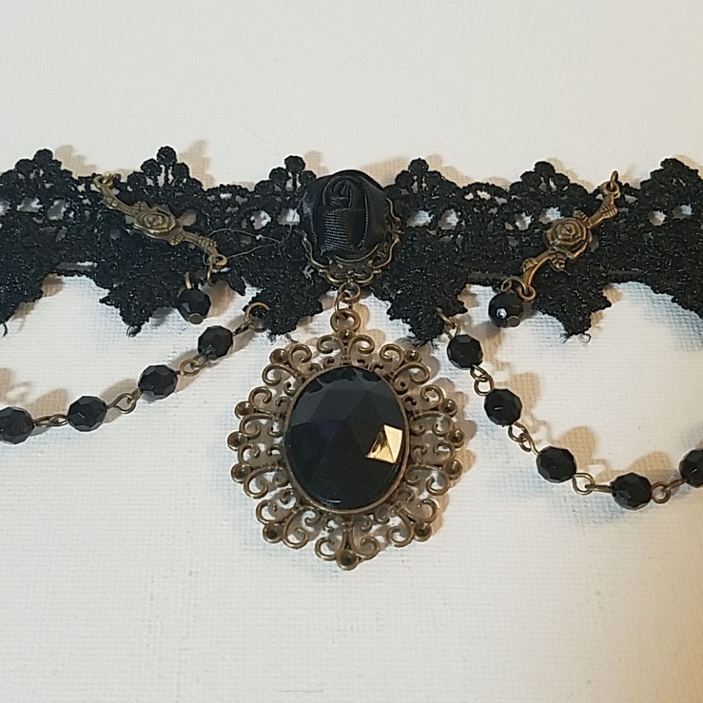 Black Beaded Satin Large Charm Choker 23" - Picture 2 of 8